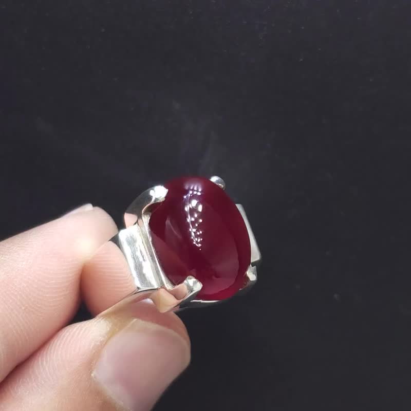玛瑙宝石银戒指, 男士Aqeeq戒指, 纯银手工戒指 - 戒指 - 宝石 红色
