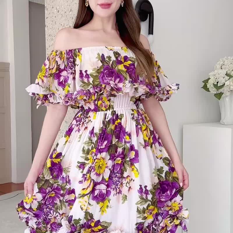 BOHO 手工斜肩长洋装 - 洋装/连衣裙 - 棉．麻 紫色