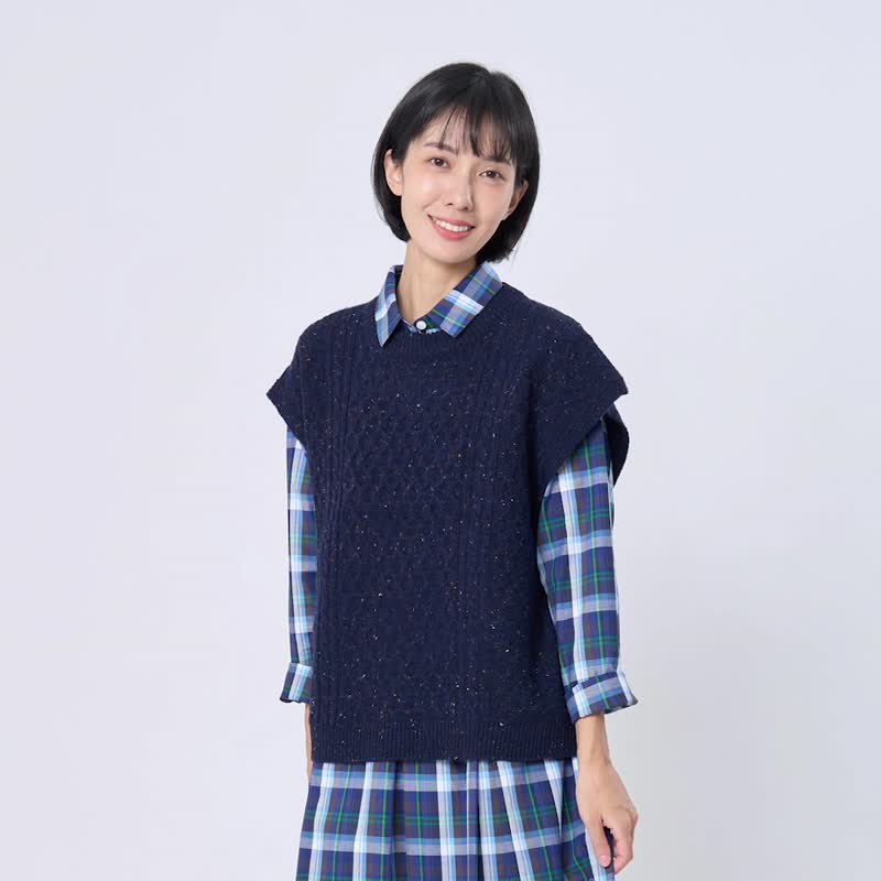 Kate圓領麻花彩點針織背心 深藍 - 女装针织衫/毛衣 - 其他材质 蓝色