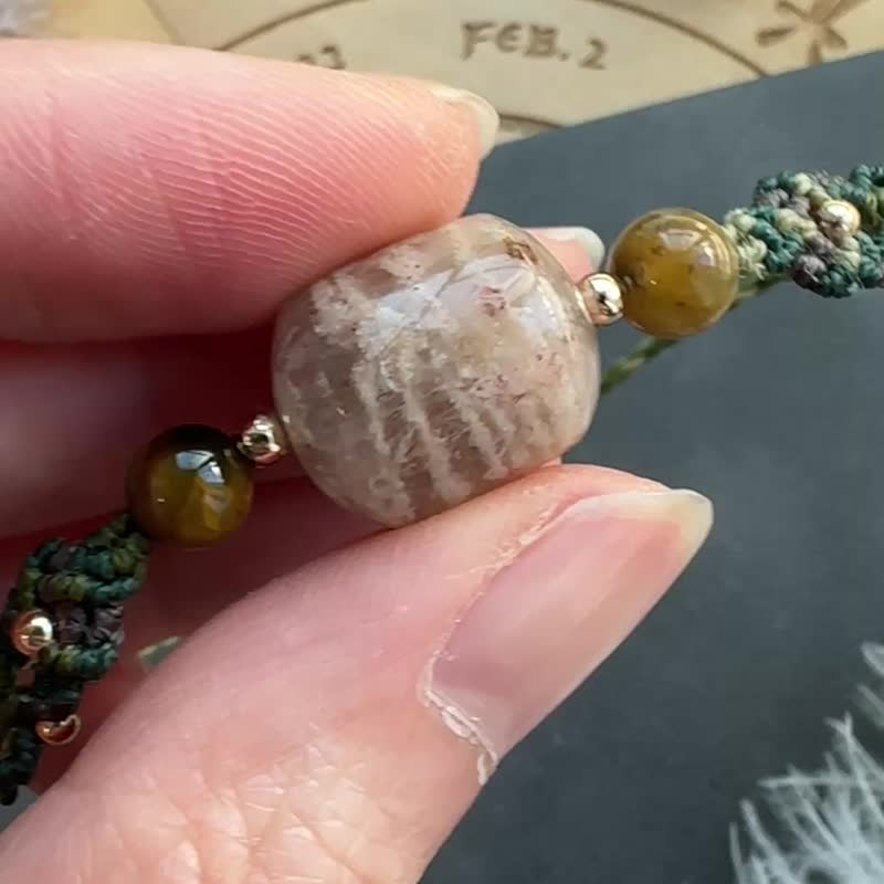 BB180 民族风 蜡线编织 幽灵水晶 长石珠 手环 (可调长度) - 手链/手环 - 宝石 绿色