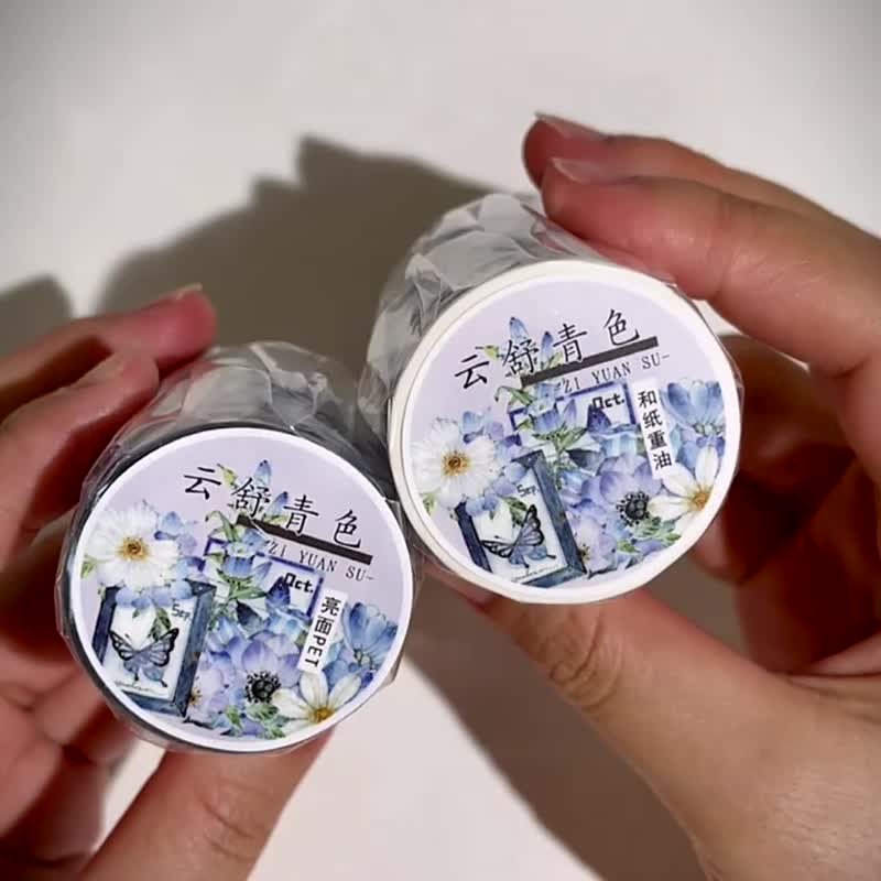 云舒青色 - PET和紙膠帶復古花卉DIY手帳日誌古典畫風裝飾素材 - 纸胶带 - 纸 多色