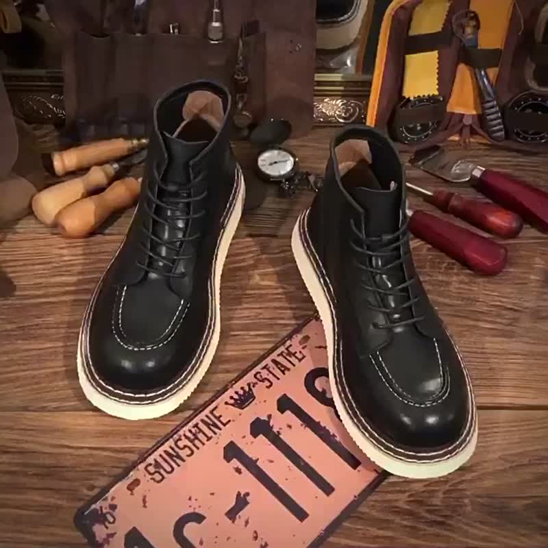 春季新款马丁靴男高帮 英伦风复古真皮皮鞋 休闲工装靴 - 男款靴子 - 真皮 咖啡色