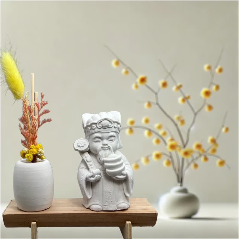 文青简约风 净念吉祥之财神爷/土地公 原木底座系列 搭配永生花瓶 - 香薰/精油/线香 - 水泥 白色