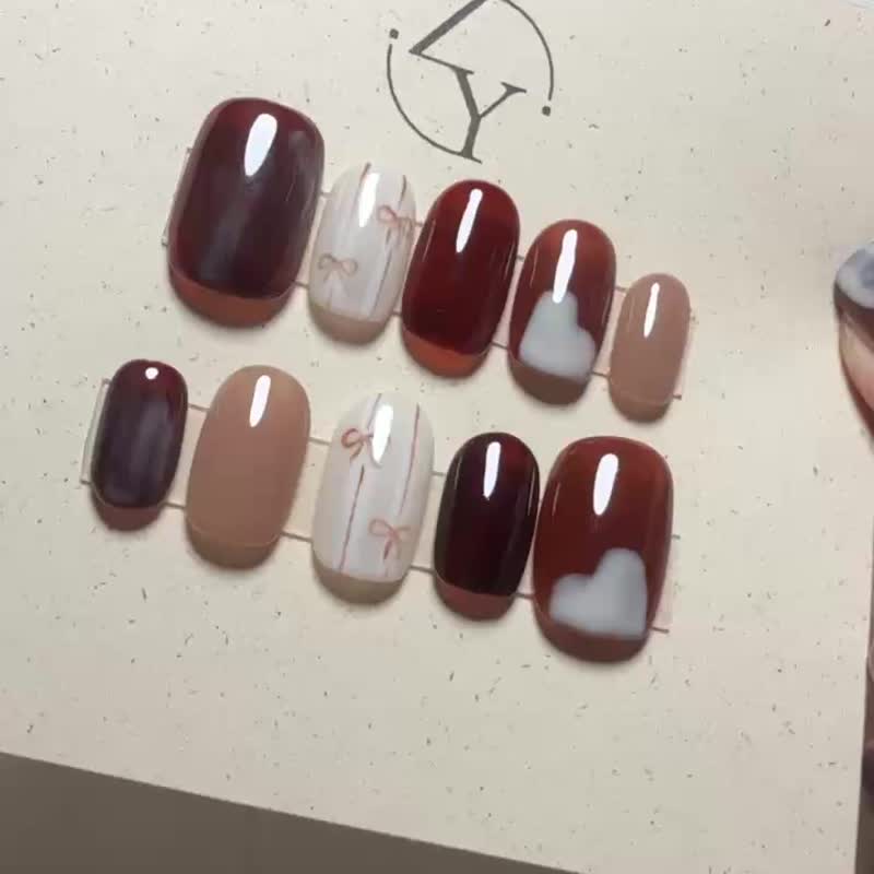 【订制】NO.028 摩卡缎带 | 手工穿戴甲 - 指甲油/指甲贴 - 其他材质 咖啡色