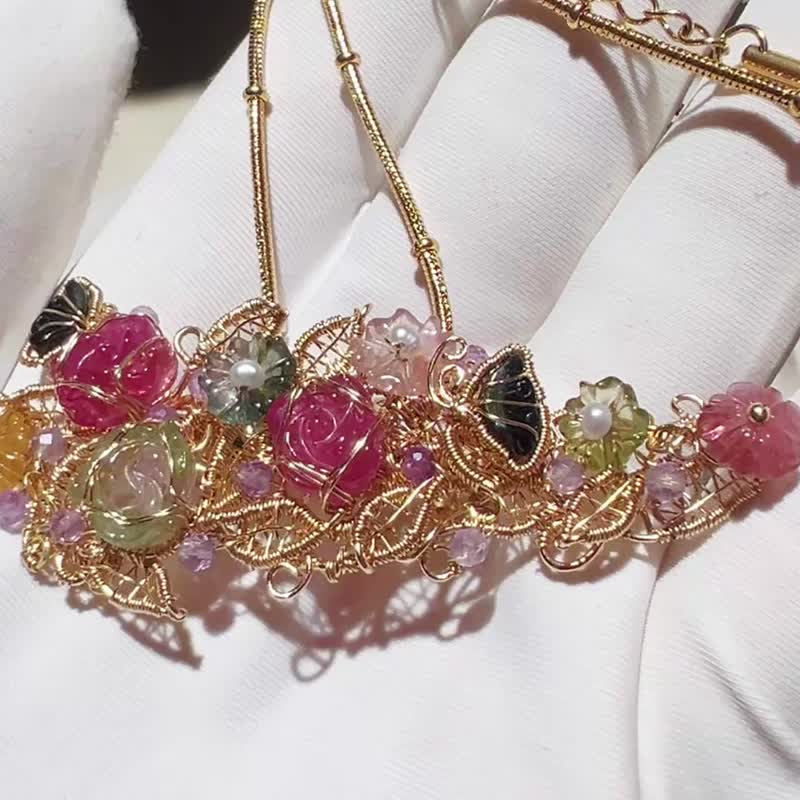 纯手工14K包金绕线高品质碧玺花胸针吊坠两用款 - 胸针 - 宝石 多色