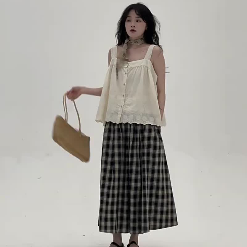2顔色 日系文藝風格子半裙 復古格紋高腰A字中長裙 - 裙子 - 棉．麻 黄色