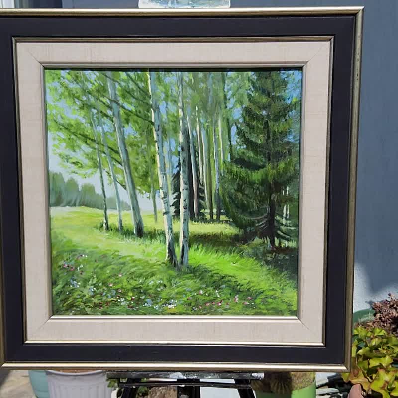 白桦树绘画风景原创艺术森林阳光树原创艺术品 - 插画/绘画/写字 - 亚麻 