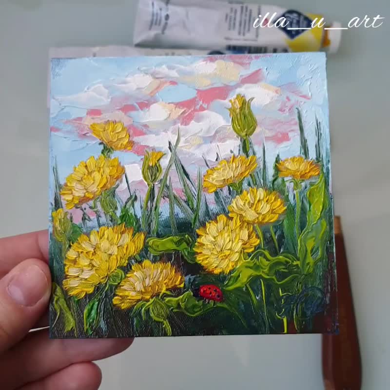 蒲公英画瓢虫原创艺术野花墙艺术小油画 - 墙贴/壁贴 - 其他金属 黄色