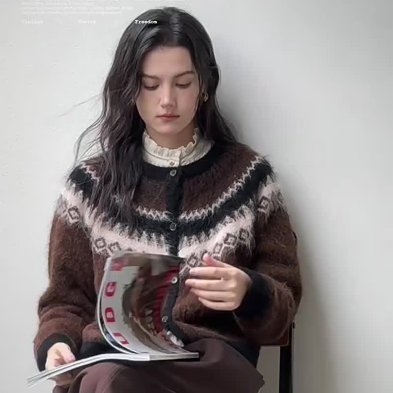 2顏色 思緒荒野 北歐風復古費爾島毛衣 文藝風復古毛衣羊駝毛開衫 - 女装针织衫/毛衣 - 羊毛 咖啡色