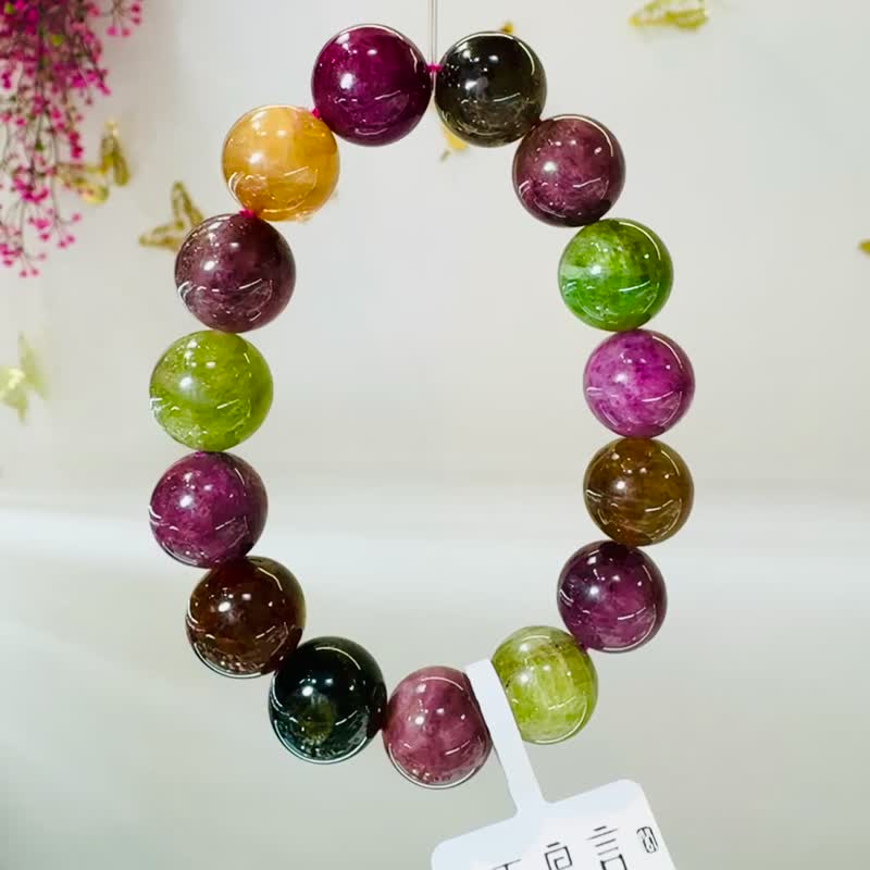 天然老矿彩碧玺13mm53.50g招财事业强磁场旺夫电气石 - 手链/手环 - 水晶 多色