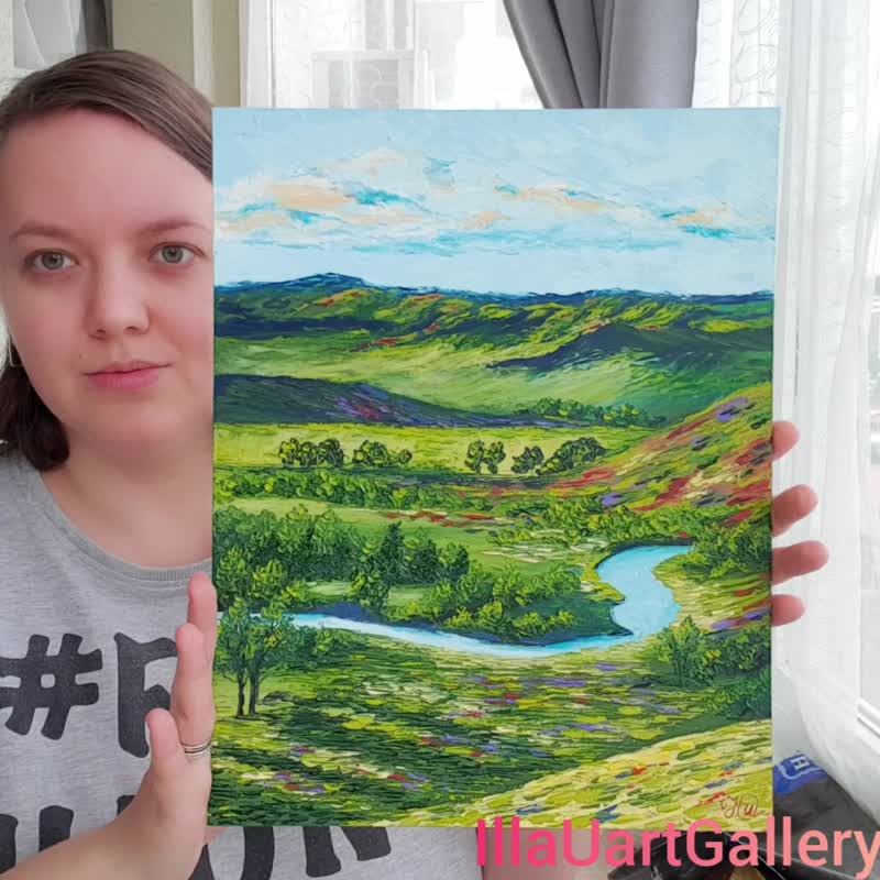Green Valley Painting Landscape Original Art Hills Wall Art River Oil Painting - 海报/装饰画/版画 - 其他材质 多色