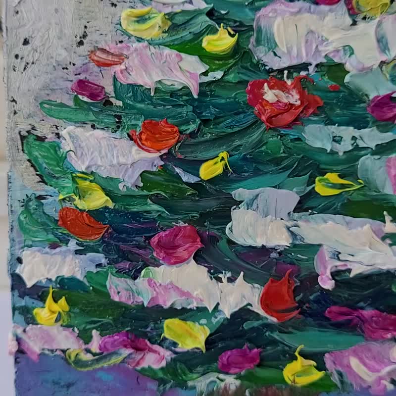 Christmas tree Oil Painting Original Small Artwork Texture Oil Painting Winter - 墙贴/壁贴 - 其他材质 多色