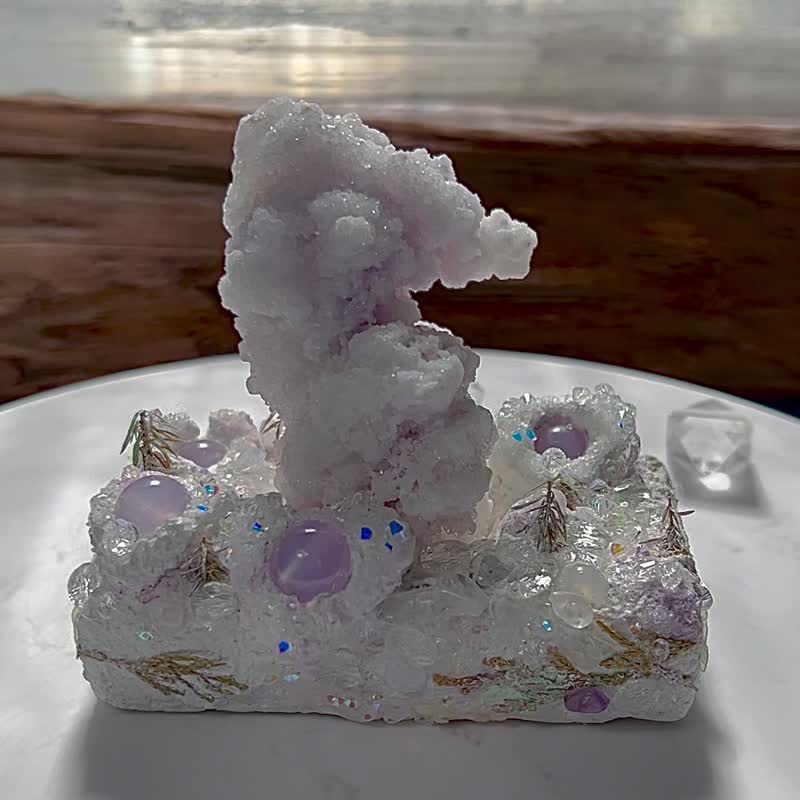 紫光冰原气泡饮 紫色氟铝石膏 水晶原矿 附底座 - 摆饰 - 水晶 紫色