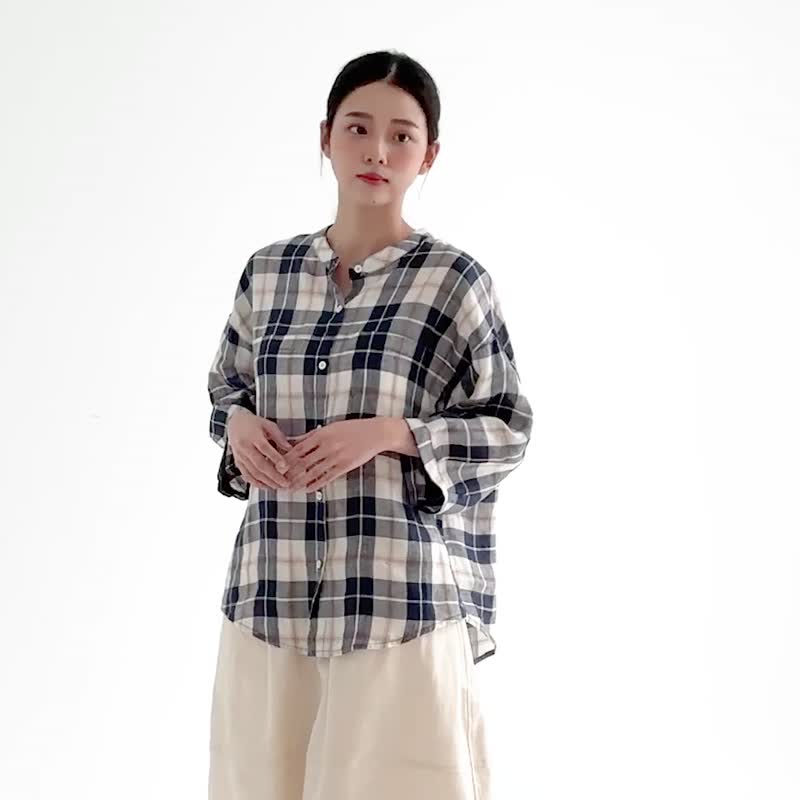 【Simply Yours】格子亚麻衬衫 蓝F - 女装衬衫 - 棉 蓝色
