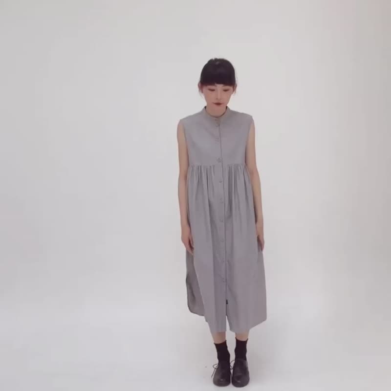 Mandarin Collar Sleeveless Dress - Gray - 洋装/连衣裙 - 棉．麻 黑色