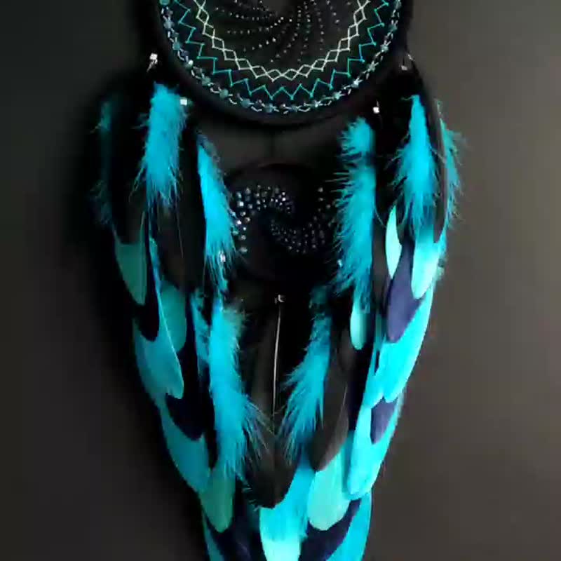 Black navy dream catcher with sparkling beads, Fractal wall decor - 墙贴/壁贴 - 玻璃 黑色