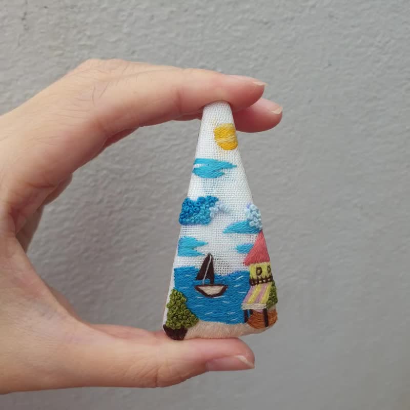 三角形发夹、海洋主题发夹、手绣发夹、发饰、亚麻发夹 - 发饰 - 亚麻 蓝色