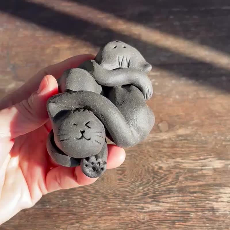 双生火焰猫猫 / 陶偶 / 矿座 - 摆饰 - 陶 黑色
