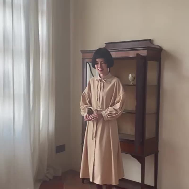 卡其色 復古少女立領洋裝 寬松闊型系帶收腰連衣裙 - 洋装/连衣裙 - 聚酯纤维 卡其色
