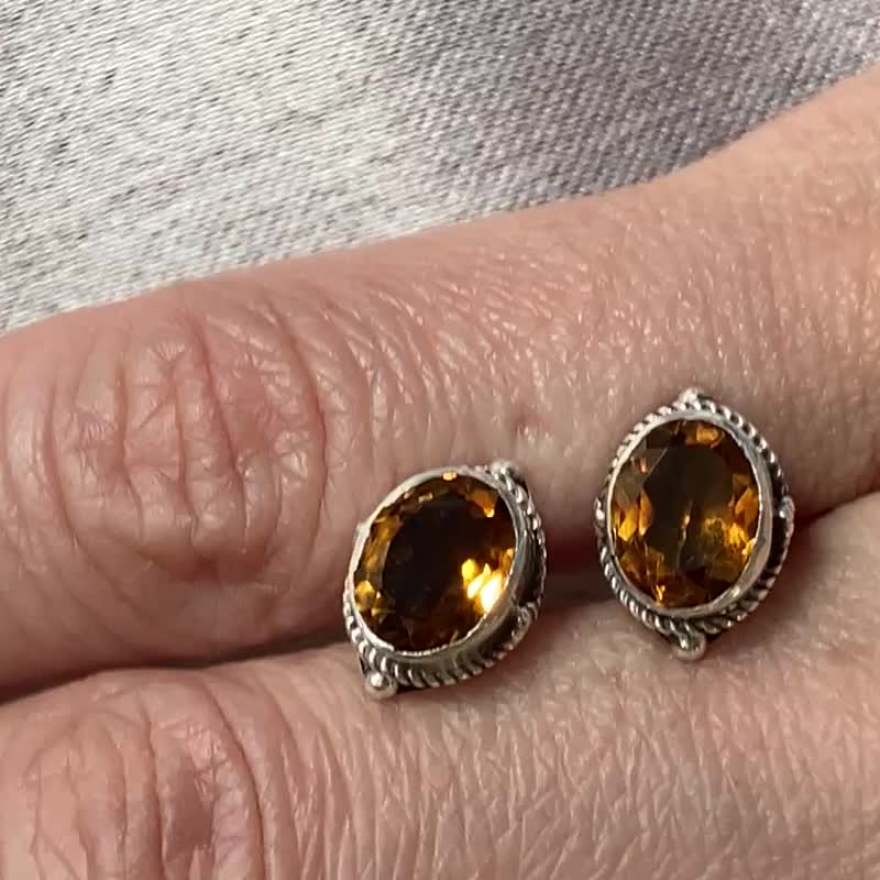 天然 切面黄水晶 耳针 尼泊尔制 925纯银 - 耳环/耳夹 - 水晶 橘色