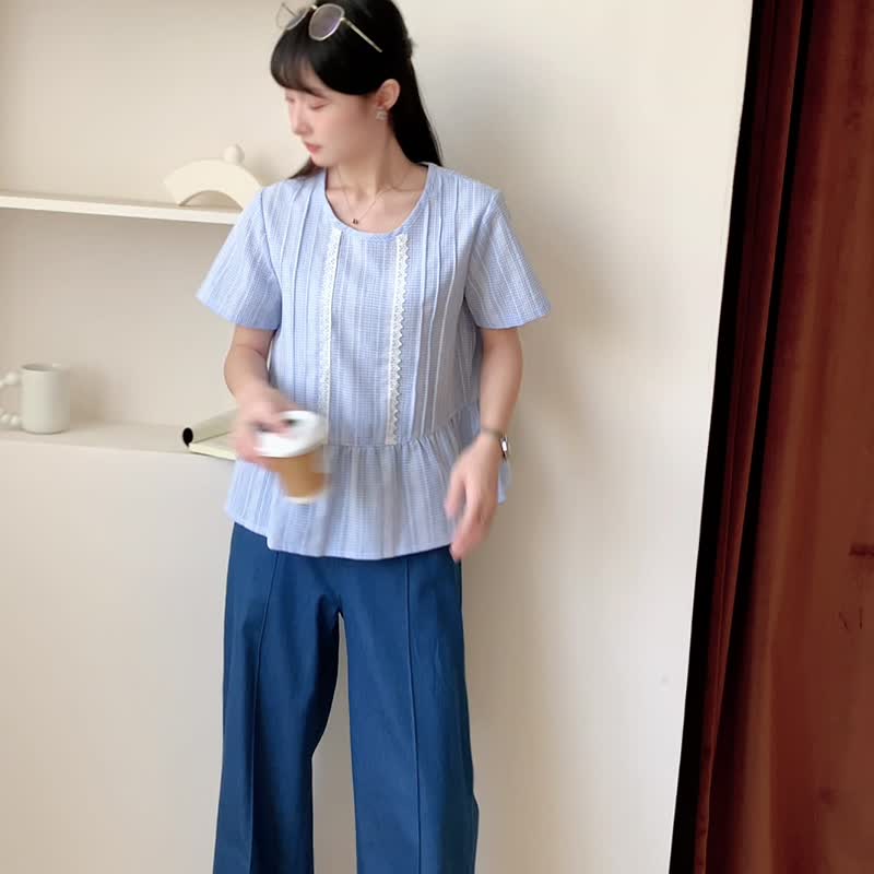 |初秋新品2件75折| 条纹荷叶脚蕾丝上衣|浅蓝色|无里衬|无弹|不透 - 女装上衣 - 聚酯纤维 蓝色