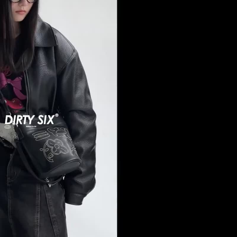 軟木咖色 雙肩帶 牛皮水桶包 嘭嘭弗朗小花桶  FAFA小米釘 - 侧背包/斜挎包 - 真皮 咖啡色