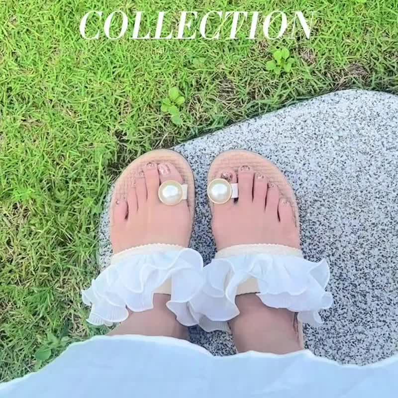 手工制作 仿花瓣设计 防水时尚夹脚拖鞋 - 女款休闲鞋 - 棉．麻 白色