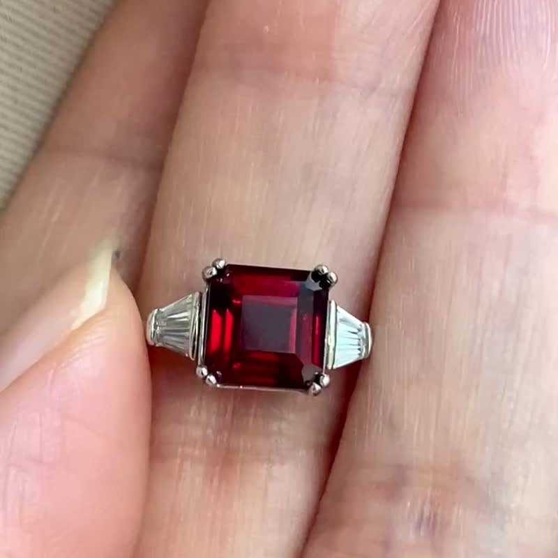 阿斯切方型石榴石925银戒指 - 戒指 - 水晶 红色