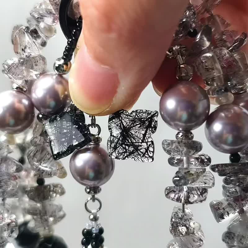 顶级黑超七水晶 黑发晶 黑玛瑙 珍珠 4圈手链项链2用 单品 礼物 - 手链/手环 - 宝石 黑色