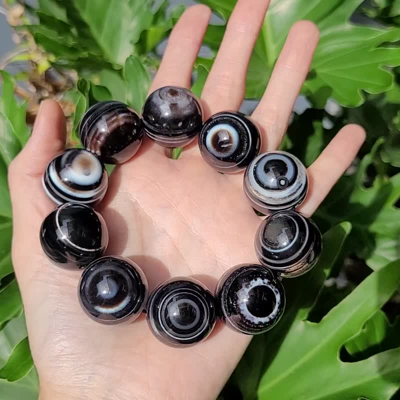 稀有收藏级黑缠丝玛瑙天珠双天眼 招财 25mm 手链 独家 单品 礼物 - 手链/手环 - 宝石 黑色