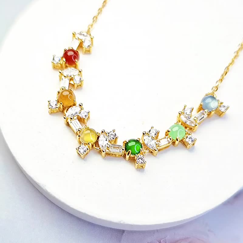 转运|梦幻多宝彩虹|缅甸翡翠冰玻多宝蛋面3.5mm纯银镀18k黄项链 - 项链 - 玉石 