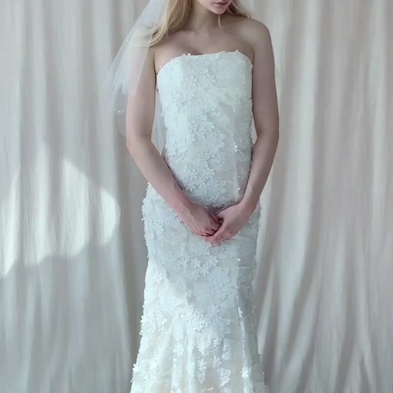 平口蕾丝香槟人鱼婚纱 - 晚装/礼服 - 其他材质 白色