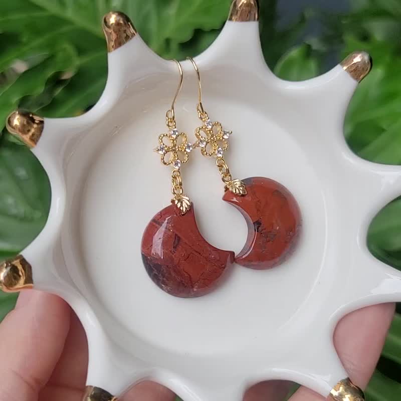稀有红花玛瑙 月亮 灵性 吉祥 招财 大宝石耳环 2款 礼物 独家 - 耳环/耳夹 - 宝石 红色