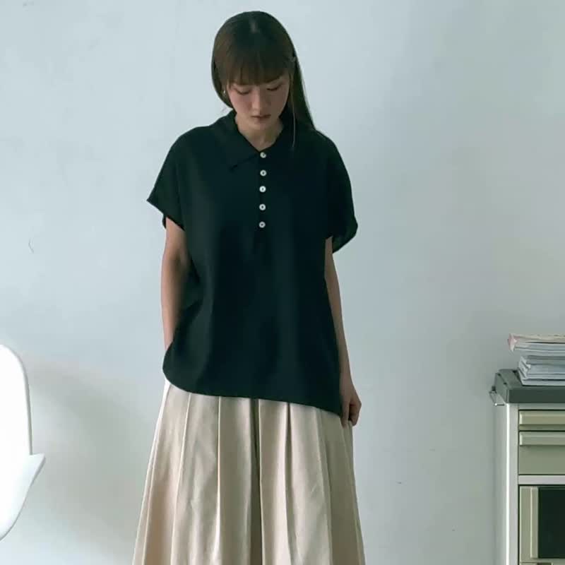 棉麻彼得潘领Polo衫 - 黑色 - 女装上衣 - 棉 黑色