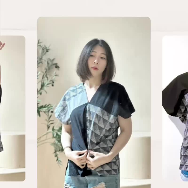 独一无二不对称下摆黑灰白撞色几何线条方块四角衣四方衣 - 女装上衣 - 棉 黑色