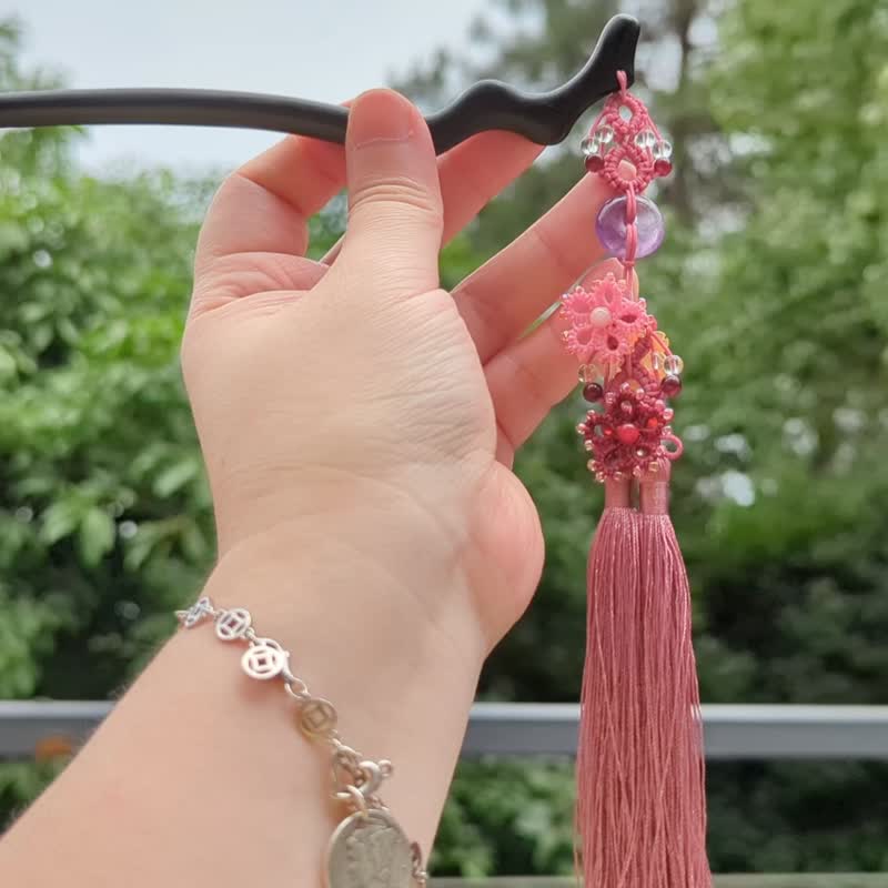 手工古典黑檀木流苏发簪汉服配饰萤石平安扣红玛瑙 - 发饰 - 木头 粉红色