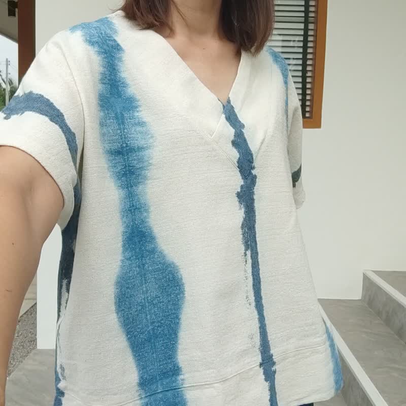 Vee Lisha Line -  超大扎染线图案上衣 - 女装上衣 - 棉．麻 白色
