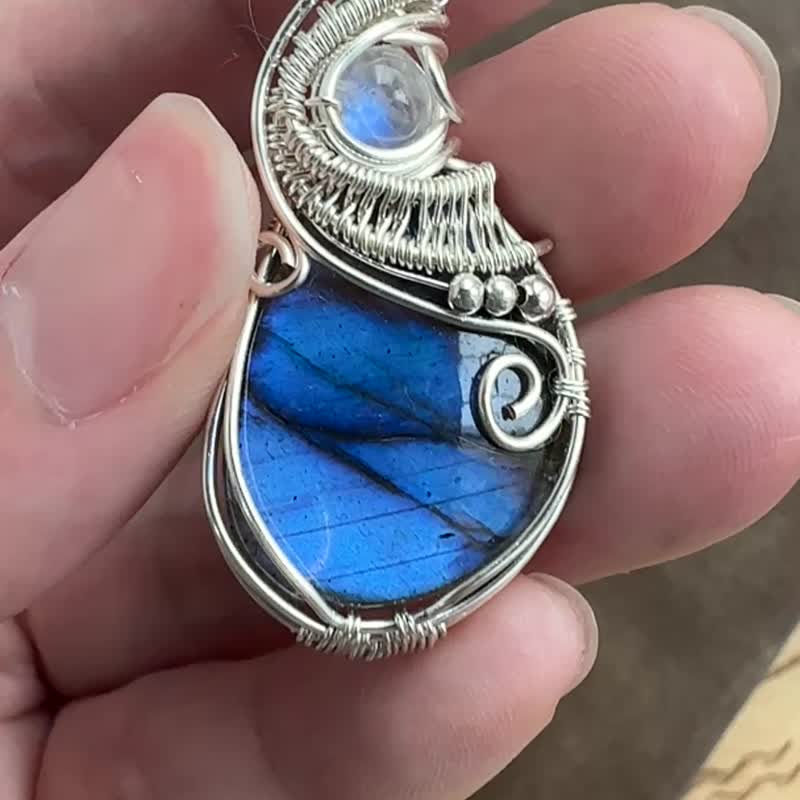 WW222 全手工编织 绕铜线  wire wrap 拉长石 月亮石 吊咀 - 项链 - 铜/黄铜 银色