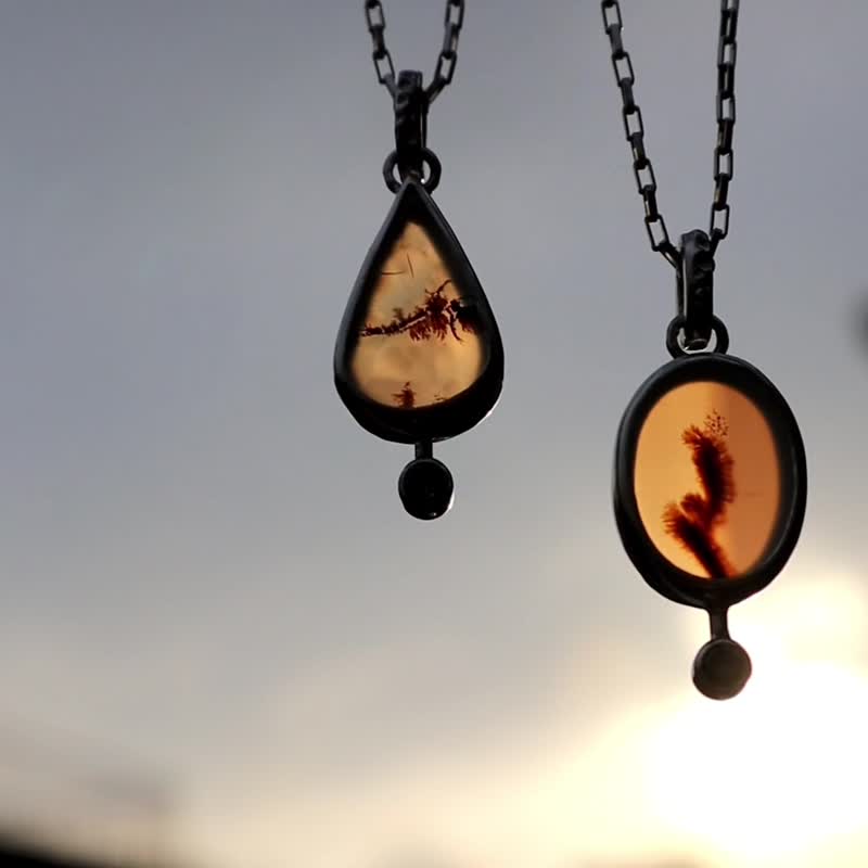 风景玛瑙坠链-椭圆-16至18寸-925银 - 项链 - 纯银 透明