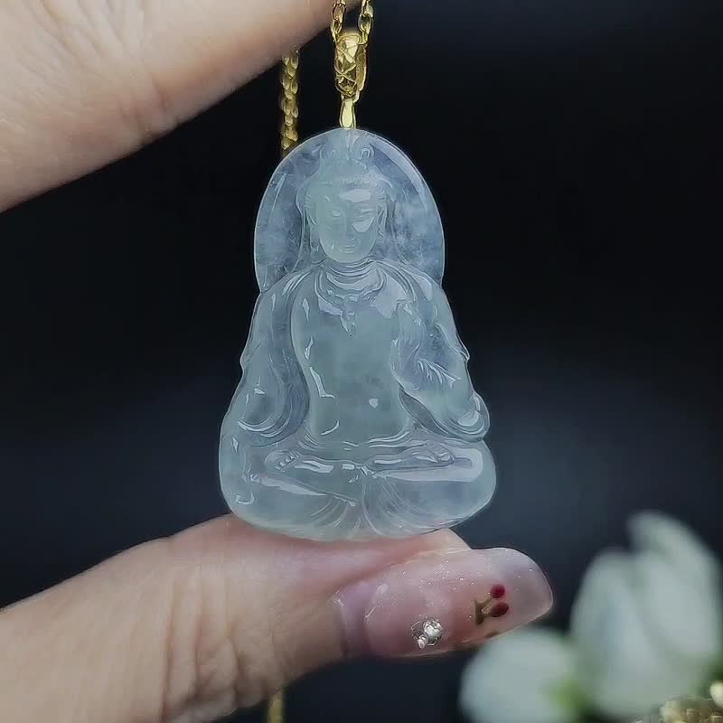 财运•事业•学业•平安|18k金冰玻起胶天空蓝观音|缅甸翡翠吊坠 - 项链 - 玉石 