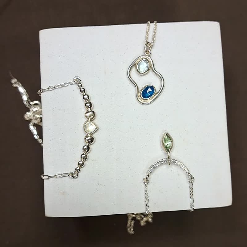 渐变银珠纯银项链-月光石-蓝晶石-925银-链长16/18寸 - 项链 - 纯银 多色