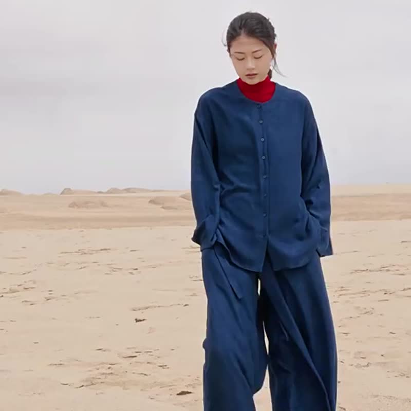 鸦青灰 2色 新中式东方 圆领琵琶袖系带松紧腰裙裤套装 - 女装上衣 - 棉 灰色