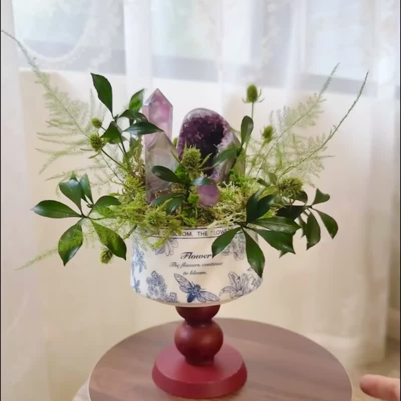 花园占卜师的高脚仪式_ 紫水晶 vs糖果萤石_永生叶材自然绿植 - 植栽/盆栽 - 水晶 紫色