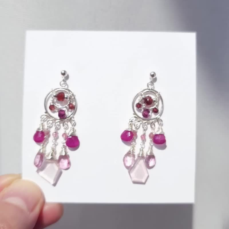 杜鹃花开 – 红宝石 粉色黄玉 蔷薇石英 吊灯式耳环 925 - 耳环/耳夹 - 宝石 粉红色