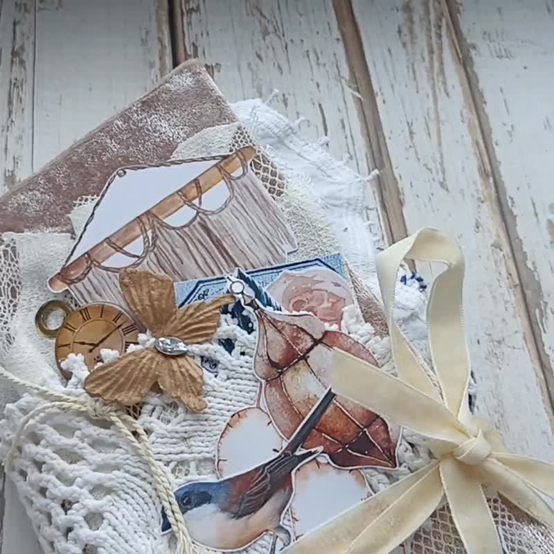 Lace junk journal handmade Country notebook completed thick fabric bird blue - 笔记本/手帐 - 纸 粉红色