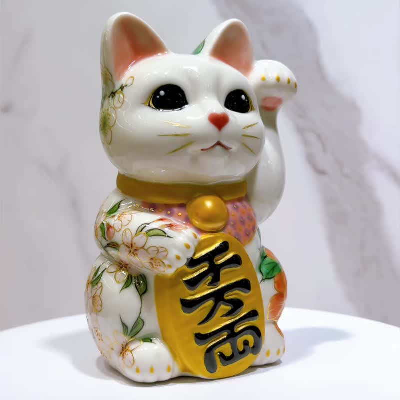【白瓷花语】日本清水烧招财猫 | 色绘 白地 牡丹椿樱 - 摆饰 - 瓷 白色