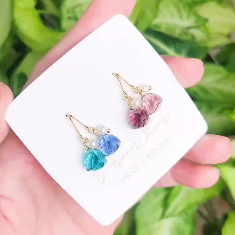 沉稳的守护  /  立体三角花香茶包 石英石水晶耳环 14K - 耳环/耳夹 - 水晶 多色