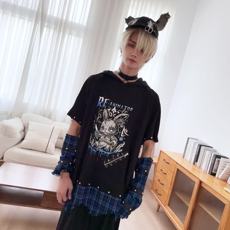 原创针筒兔苏格兰格纹不规则古着须边兔耳朵接袖连帽T恤【JJ2541 - 中性连帽卫衣/T 恤 - 棉．麻 