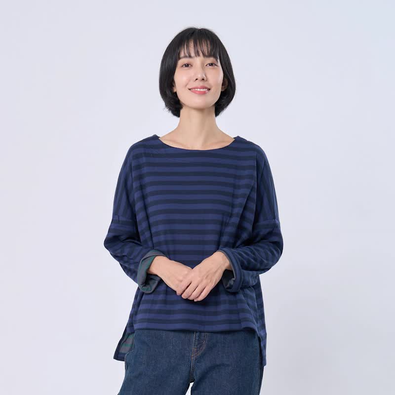 Karen船型領柔軟條紋長袖上衣/藍 - 女装上衣 - 棉．麻 蓝色