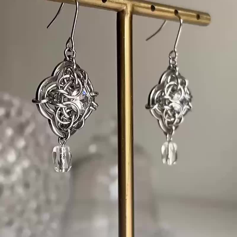 Diamond 锁子甲镶嵌钻耳环 不锈钢珍珠耳环耳勾 - 耳环/耳夹 - 不锈钢 银色